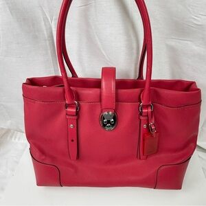 Tumi Red Pink Leather Large Satchel Shoulder Bag - Multi Compartments